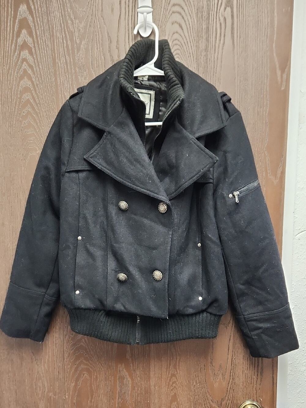 Women's Black Double-Breasted Peacoat with Ribbed Hem